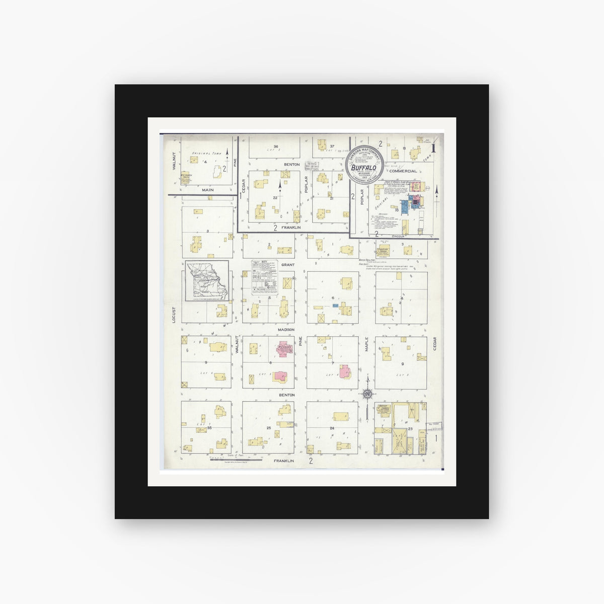 Old map wall art mockup — black gallery frame with white mat — Sanborn Fire Insurance Map from Buffalo, Dallas County, Missouri (1917) - Complete Map Set