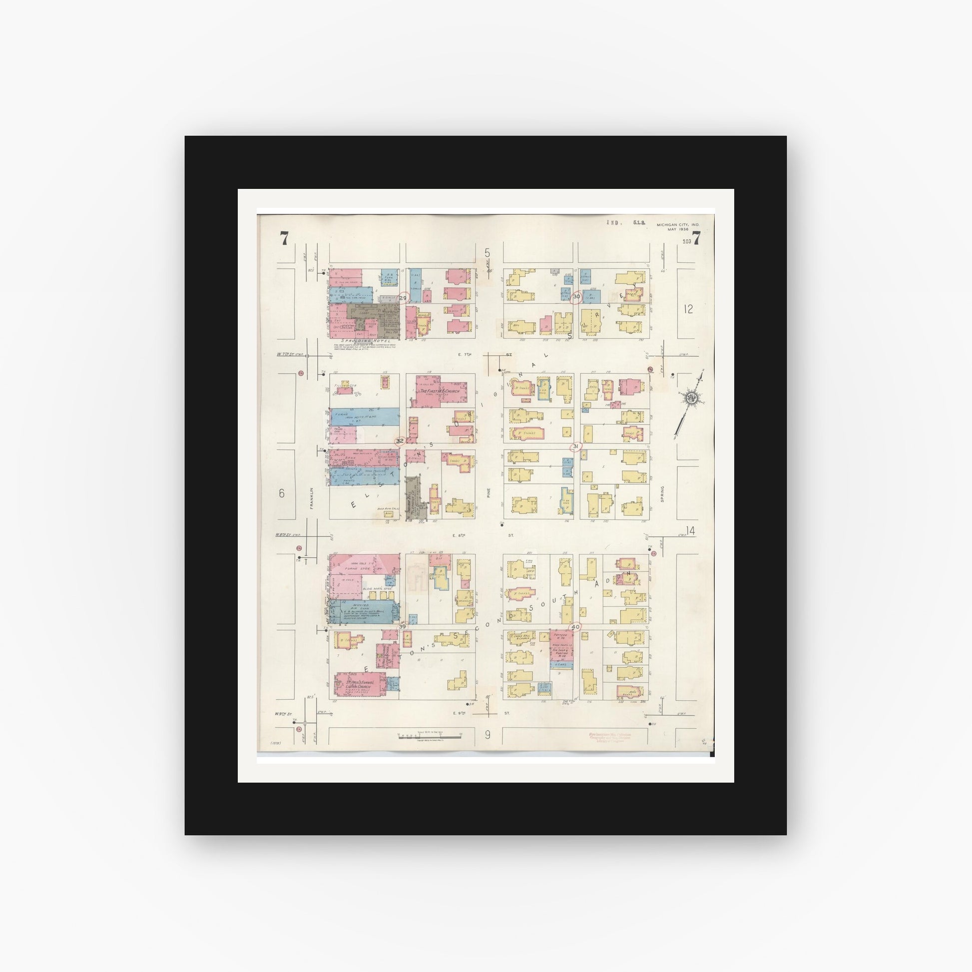 Old map wall art mockup — black gallery frame with white mat — Sanborn Fire Insurance Map from Michigan City, La Porte County, Indiana (1948), Sheet #0007