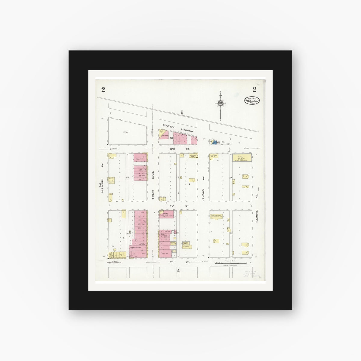 Old map wall art mockup — black gallery frame with white mat — Sanborn Fire Insurance Map from Weslaco, Hidalgo County, Texas (1925), Sheet #0002