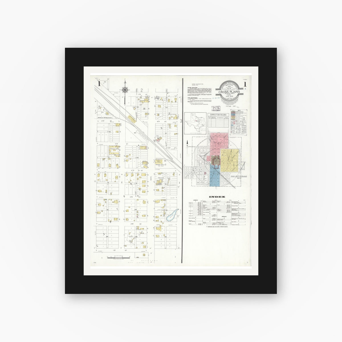 Old map wall art mockup — black gallery frame with white mat — Sanborn Fire Insurance Map from Cross Plains, Callahan County, Texas (1939) - Complete Map Set