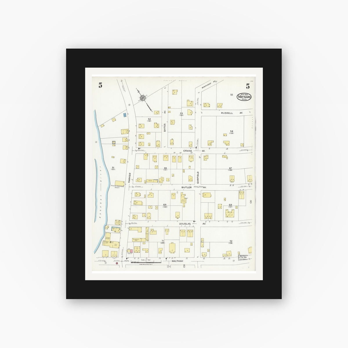 Old map wall art mockup — black gallery frame with white mat — Sanborn Fire Insurance Map from Maynard, Middlesex County, Massachusetts (1924), Sheet #0005