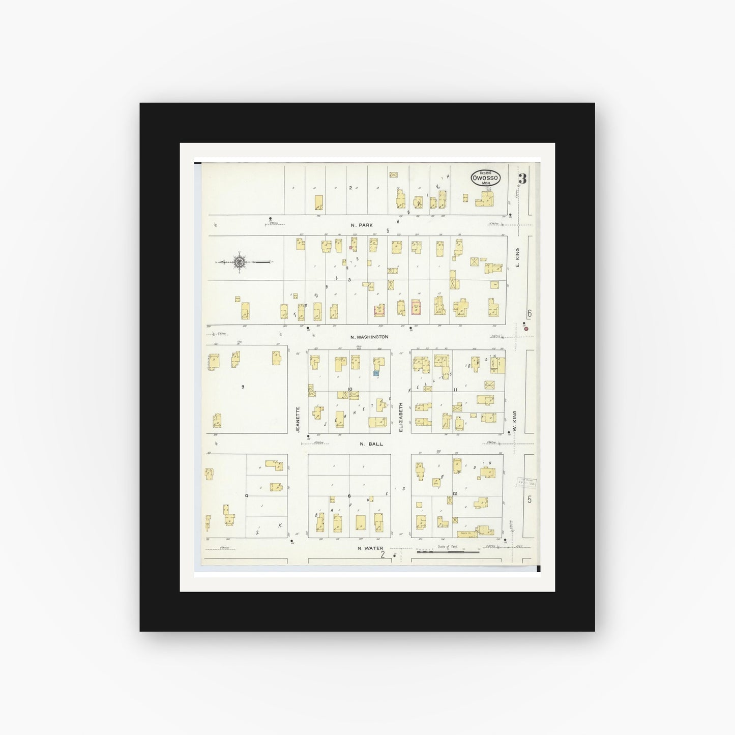 Old map wall art mockup — black gallery frame with white mat — Sanborn Fire Insurance Map from Owosso, Shiawassee County, Michigan (1915), Sheet #0003