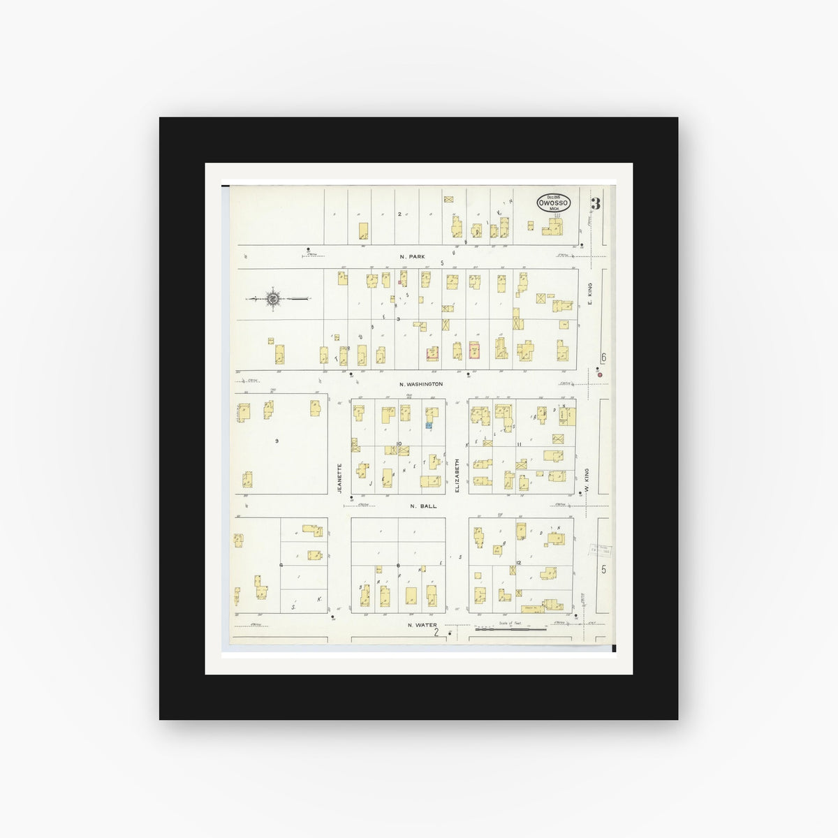 Old map wall art mockup — black gallery frame with white mat — Sanborn Fire Insurance Map from Owosso, Shiawassee County, Michigan (1915), Sheet #0003