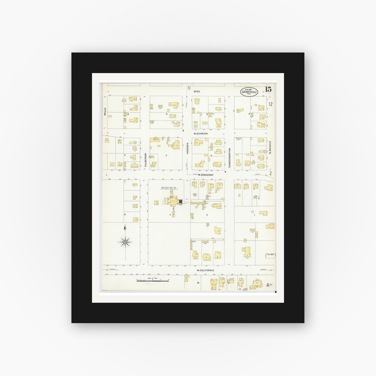 Old map wall art mockup — black gallery frame with white mat — Sanborn Fire Insurance Map from Gainesville, Cooke County, Texas (1908), Sheet #0015