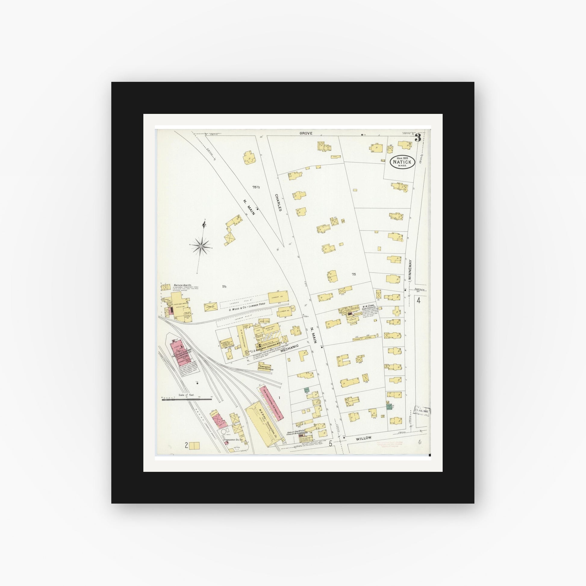 Old map wall art mockup — black gallery frame with white mat — Sanborn Fire Insurance Map from Natick, Middlesex County, Massachusetts (1909), Sheet #0003
