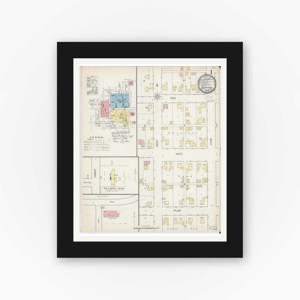 Old map wall art mockup — black gallery frame with white mat — Sanborn Fire Insurance Map from Thorntown, Boone County, Indiana (1892), Sheet #0001