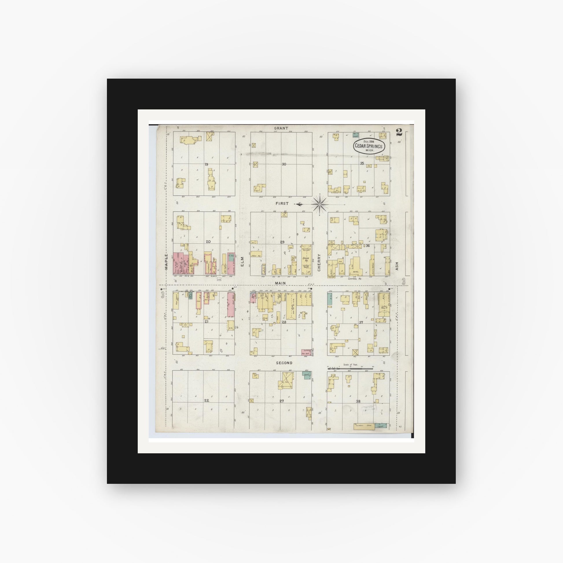 Old map wall art mockup — black gallery frame with white mat — Sanborn Fire Insurance Map from Cedar Springs, Kent County, Michigan (1894), Sheet #0002