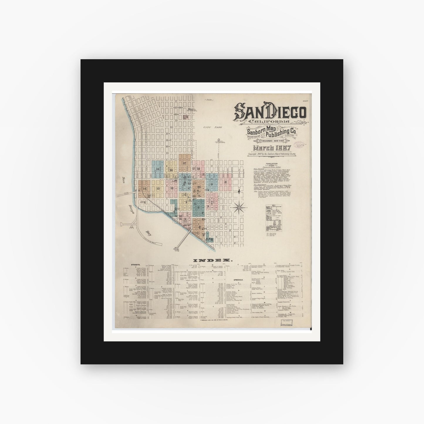 Old map wall art mockup — black gallery frame with white mat — Sanborn Fire Insurance Map from San Diego, San Diego County, California (1887) - Complete Map Set