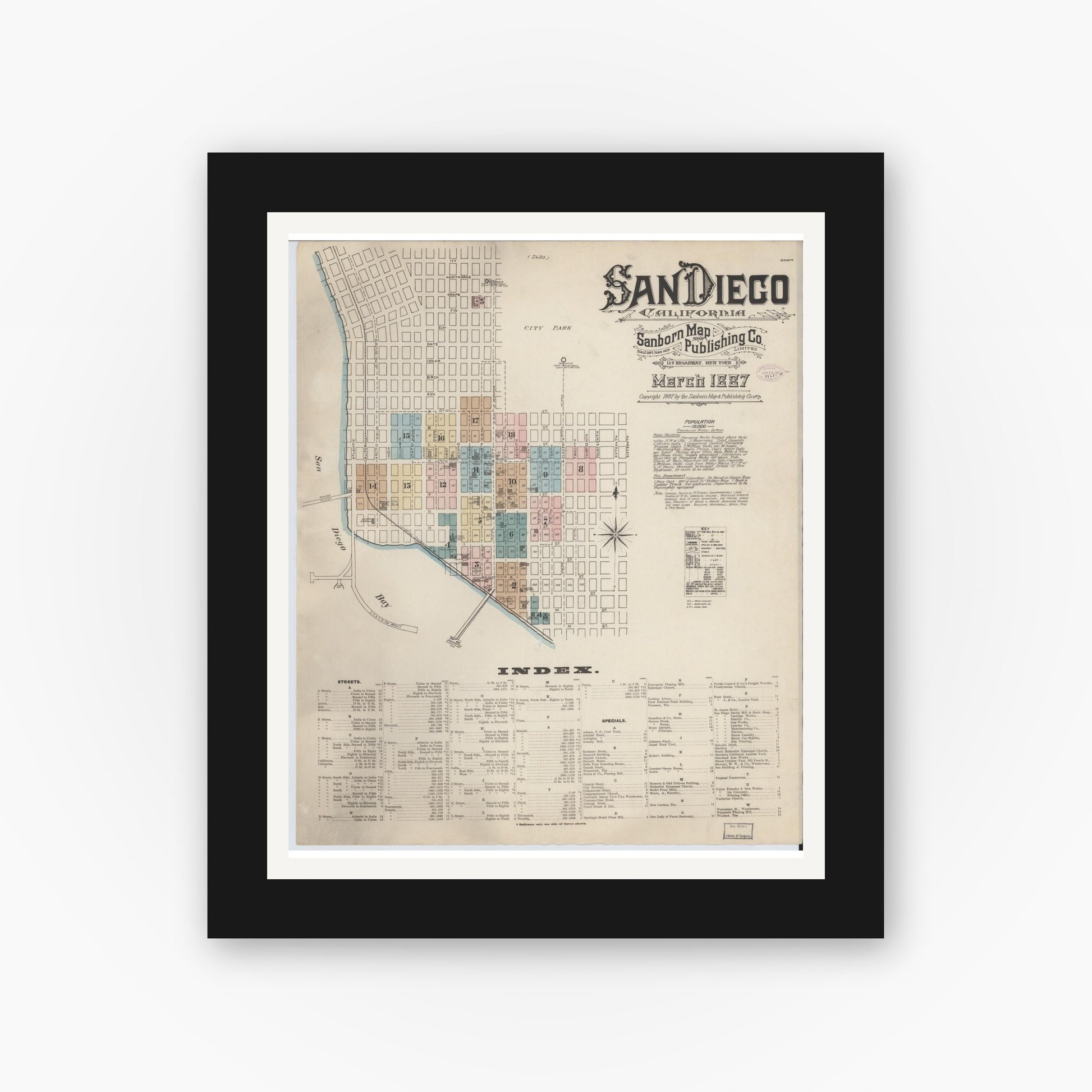 Old map wall art mockup — black gallery frame with white mat — Sanborn Fire Insurance Map from San Diego, San Diego County, California (1887) - Complete Map Set