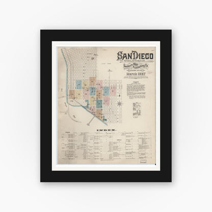 Old map wall art mockup — black gallery frame with white mat — Sanborn Fire Insurance Map from San Diego, San Diego County, California (1887) - Complete Map Set