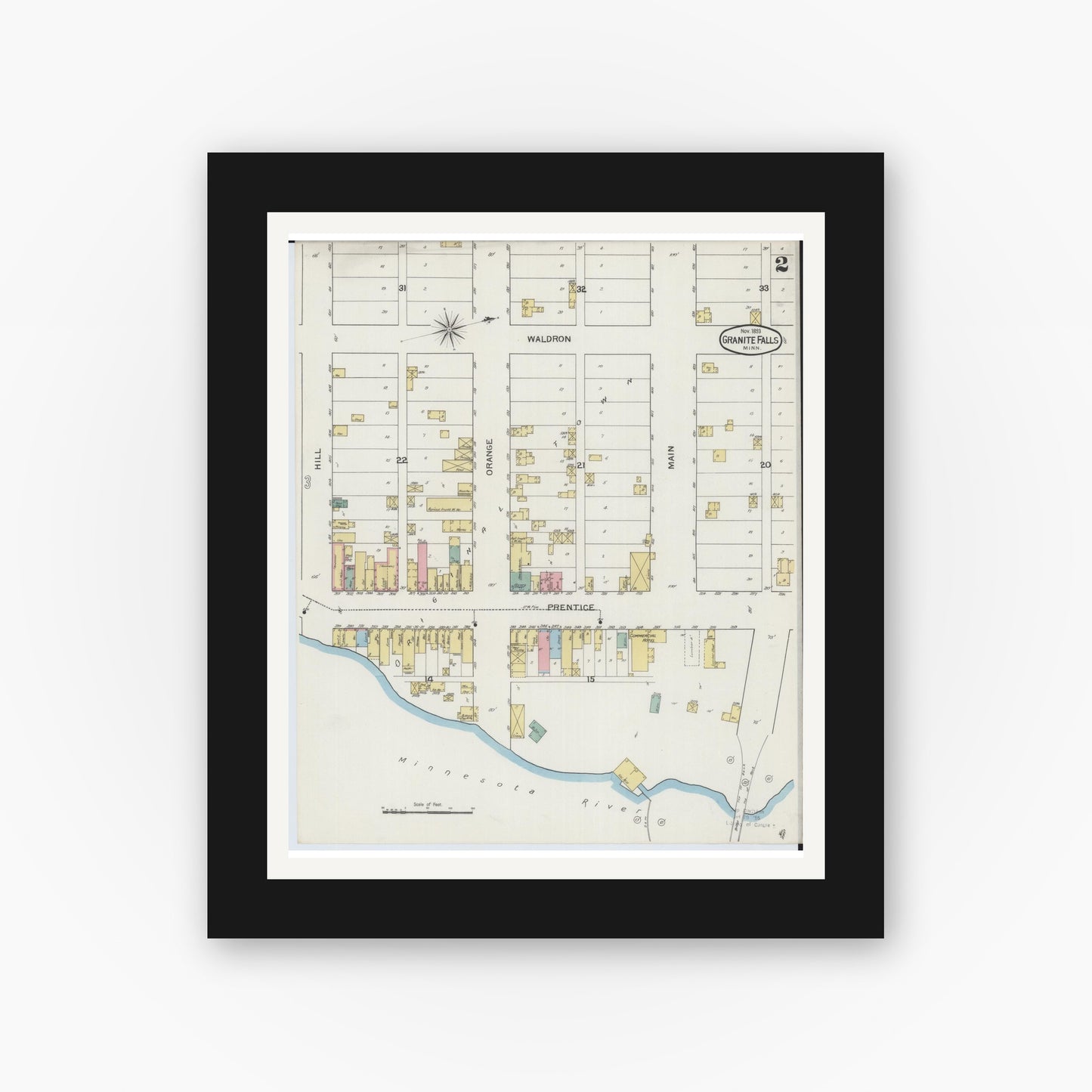 Old map wall art mockup — black gallery frame with white mat — Sanborn Fire Insurance Map from Granite Falls, Yellow Medicine And Chippewa Counties, Minnesota (1893), Sheet #0002