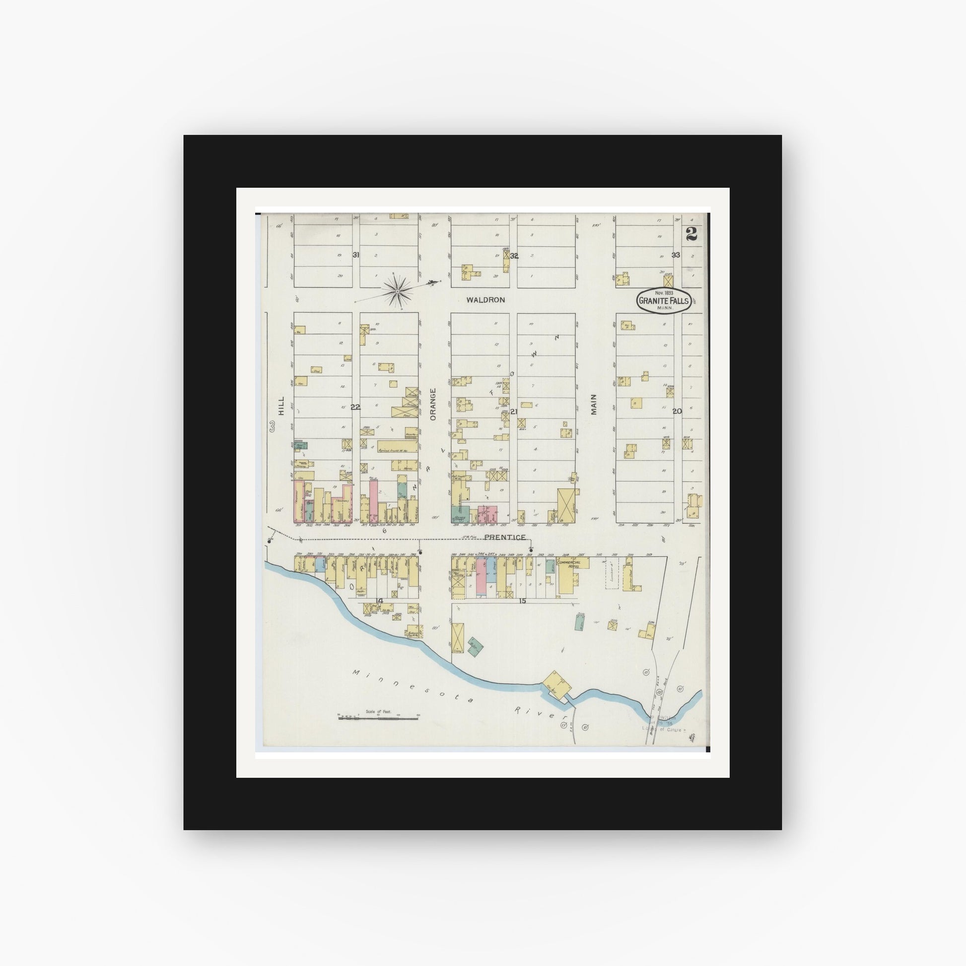 Old map wall art mockup — black gallery frame with white mat — Sanborn Fire Insurance Map from Granite Falls, Yellow Medicine And Chippewa Counties, Minnesota (1893), Sheet #0002