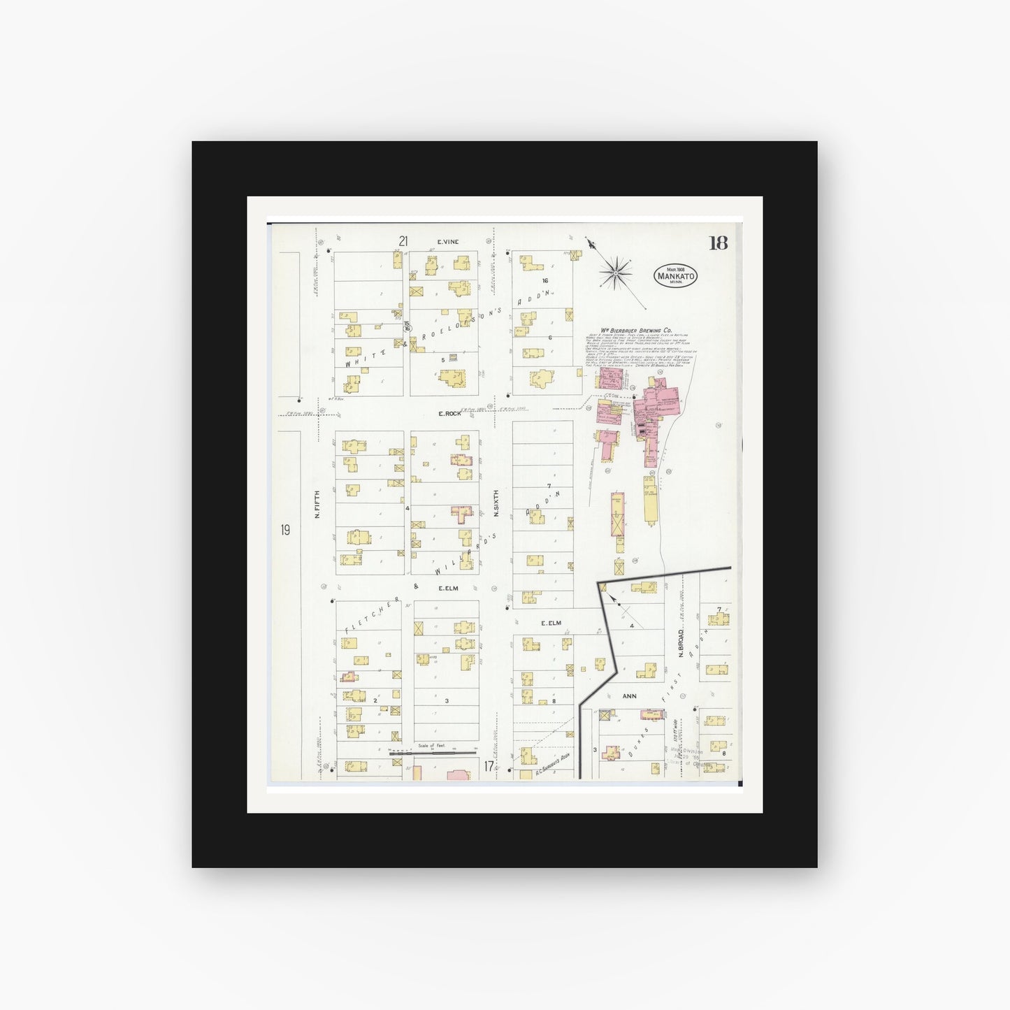 Old map wall art mockup — black gallery frame with white mat — Sanborn Fire Insurance Map from Mankato, Blue Earth County, Minnesota (1908), Sheet #0018