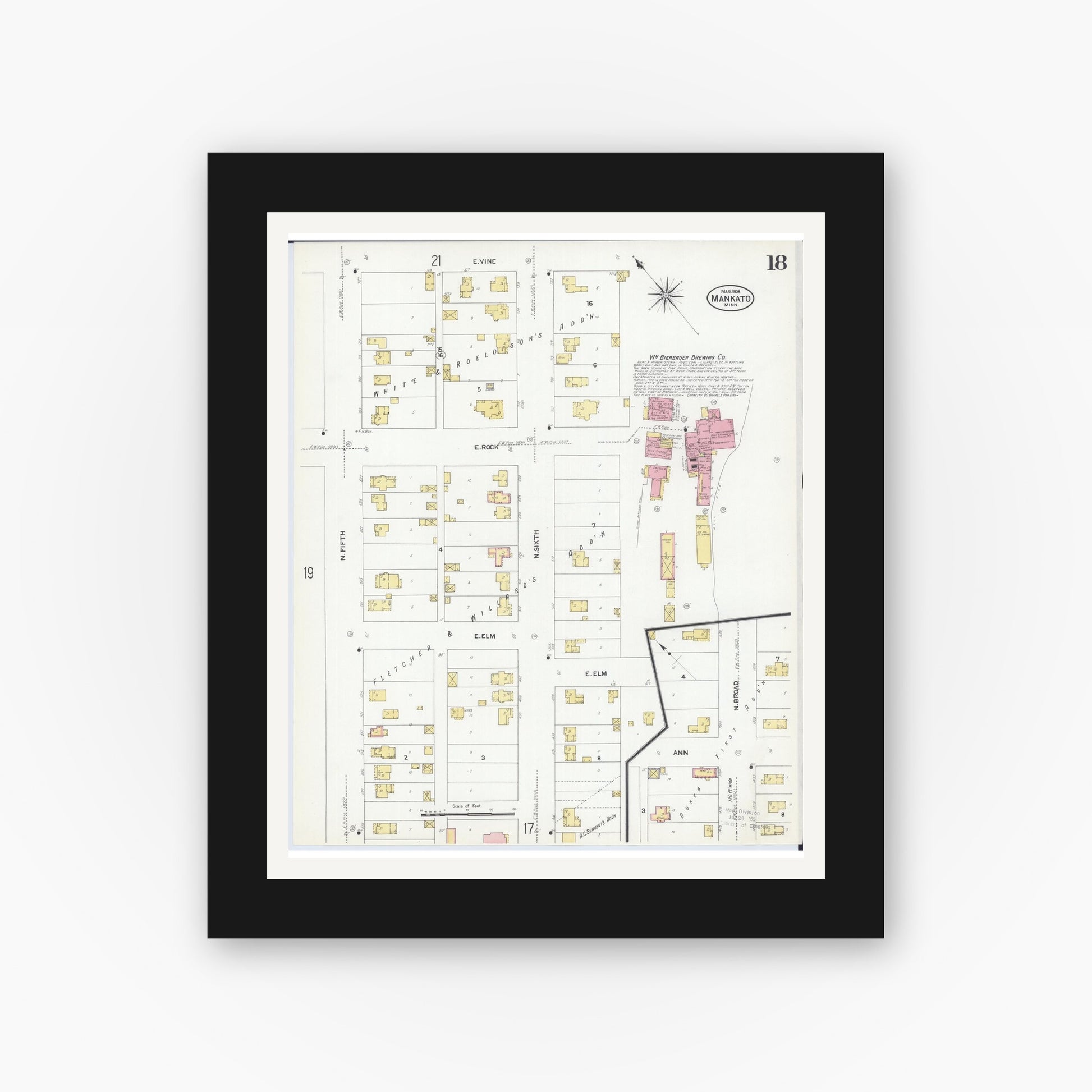 Old map wall art mockup — black gallery frame with white mat — Sanborn Fire Insurance Map from Mankato, Blue Earth County, Minnesota (1908), Sheet #0018