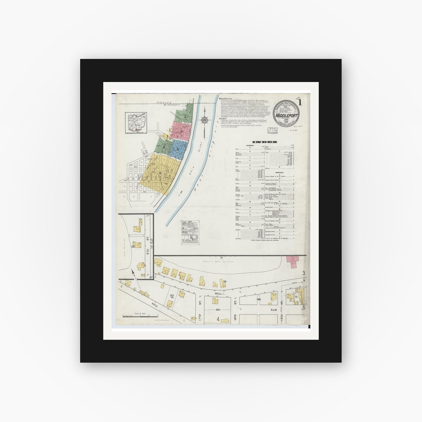 Old map wall art mockup — black gallery frame with white mat — Sanborn Fire Insurance Map from Middleport, Meigs County, Ohio (1916), Sheet #0001