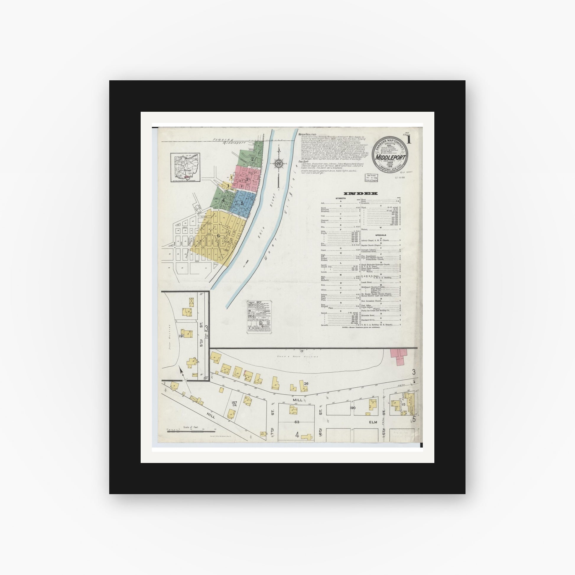 Old map wall art mockup — black gallery frame with white mat — Sanborn Fire Insurance Map from Middleport, Meigs County, Ohio (1916), Sheet #0001