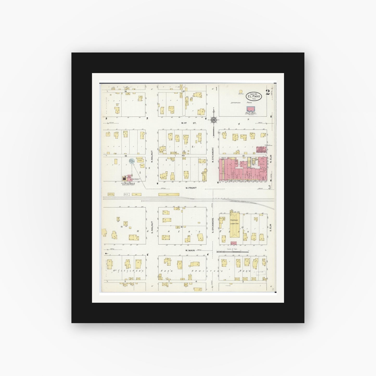Old map wall art mockup — black gallery frame with white mat — Sanborn Fire Insurance Map from El Paso, Woodford County, Illinois (1911), Sheet #0002