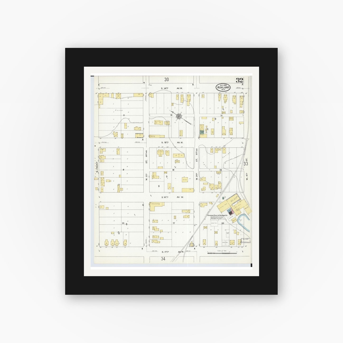Old map wall art mockup — black gallery frame with white mat — Sanborn Fire Insurance Map from Ashland, Ashland County, Wisconsin (1909), Sheet #0032