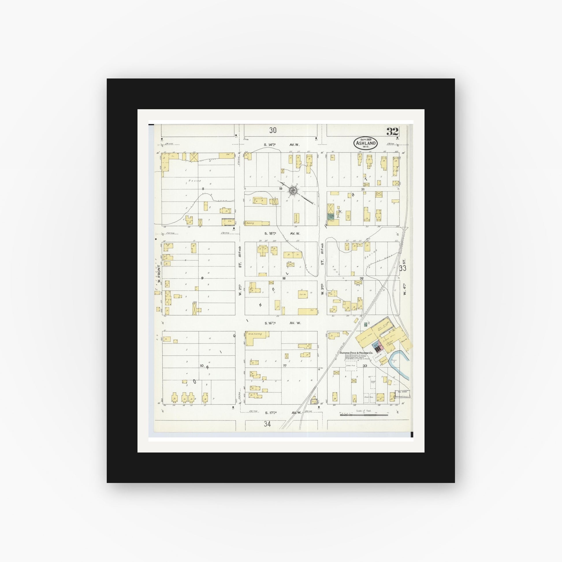 Old map wall art mockup — black gallery frame with white mat — Sanborn Fire Insurance Map from Ashland, Ashland County, Wisconsin (1909), Sheet #0032