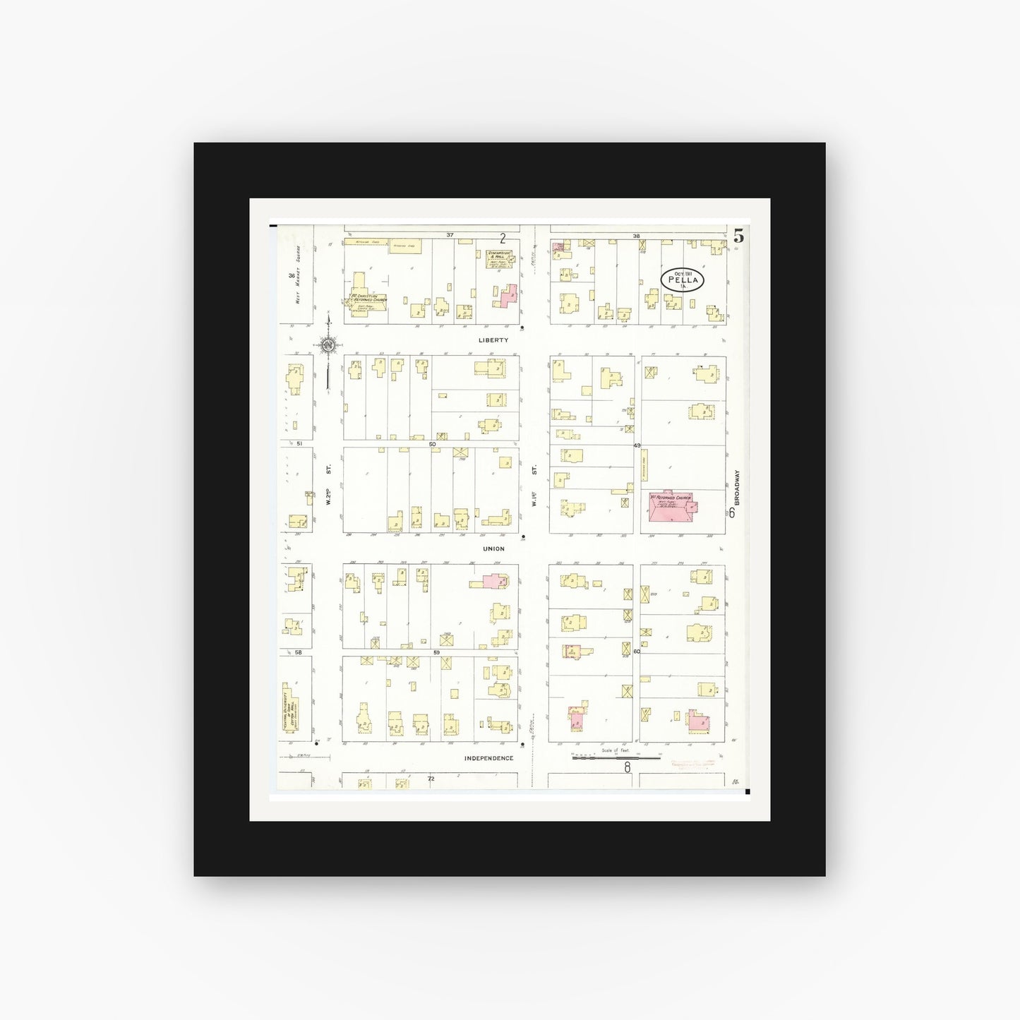Old map wall art mockup — black gallery frame with white mat — Sanborn Fire Insurance Map from Pella, Marion County, Iowa (1911), Sheet #0005