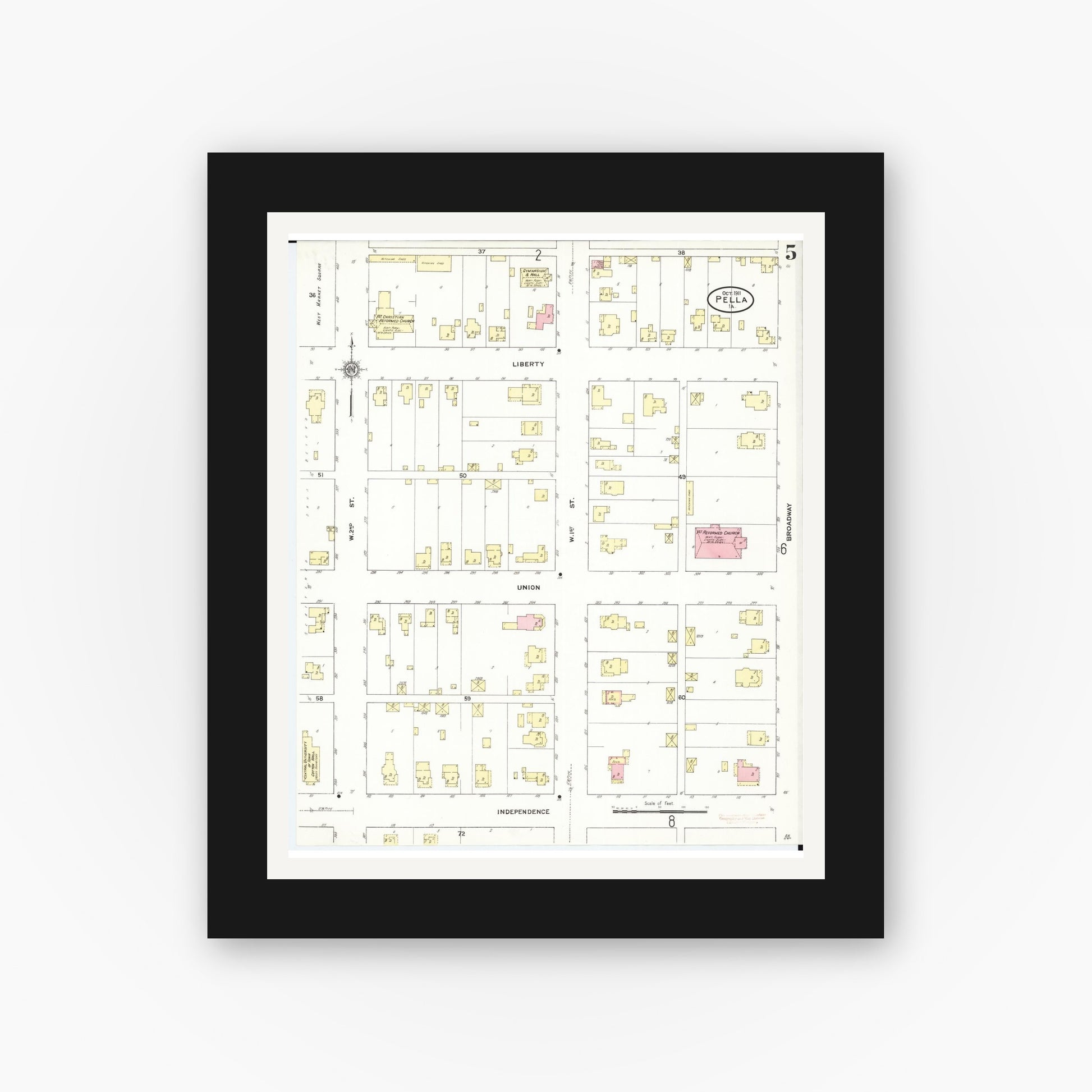 Old map wall art mockup — black gallery frame with white mat — Sanborn Fire Insurance Map from Pella, Marion County, Iowa (1911), Sheet #0005