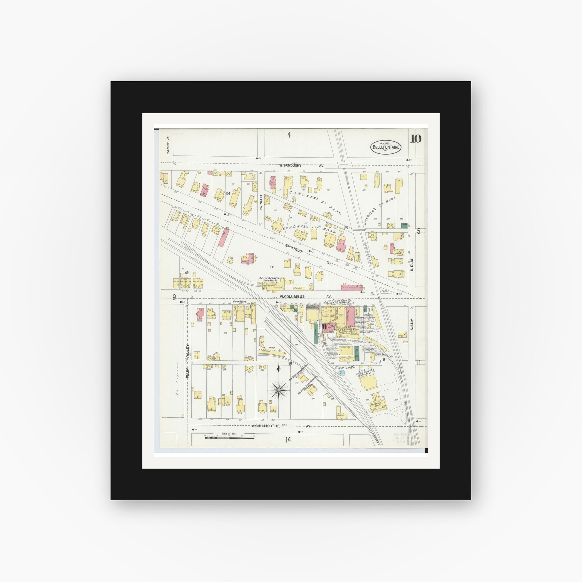 Old map wall art mockup — black gallery frame with white mat — Sanborn Fire Insurance Map from Bellefontaine, Logan County, Ohio (1901), Sheet #0010