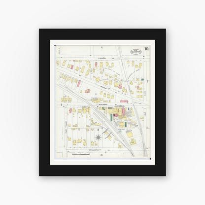 Old map wall art mockup — black gallery frame with white mat — Sanborn Fire Insurance Map from Bellefontaine, Logan County, Ohio (1901), Sheet #0010