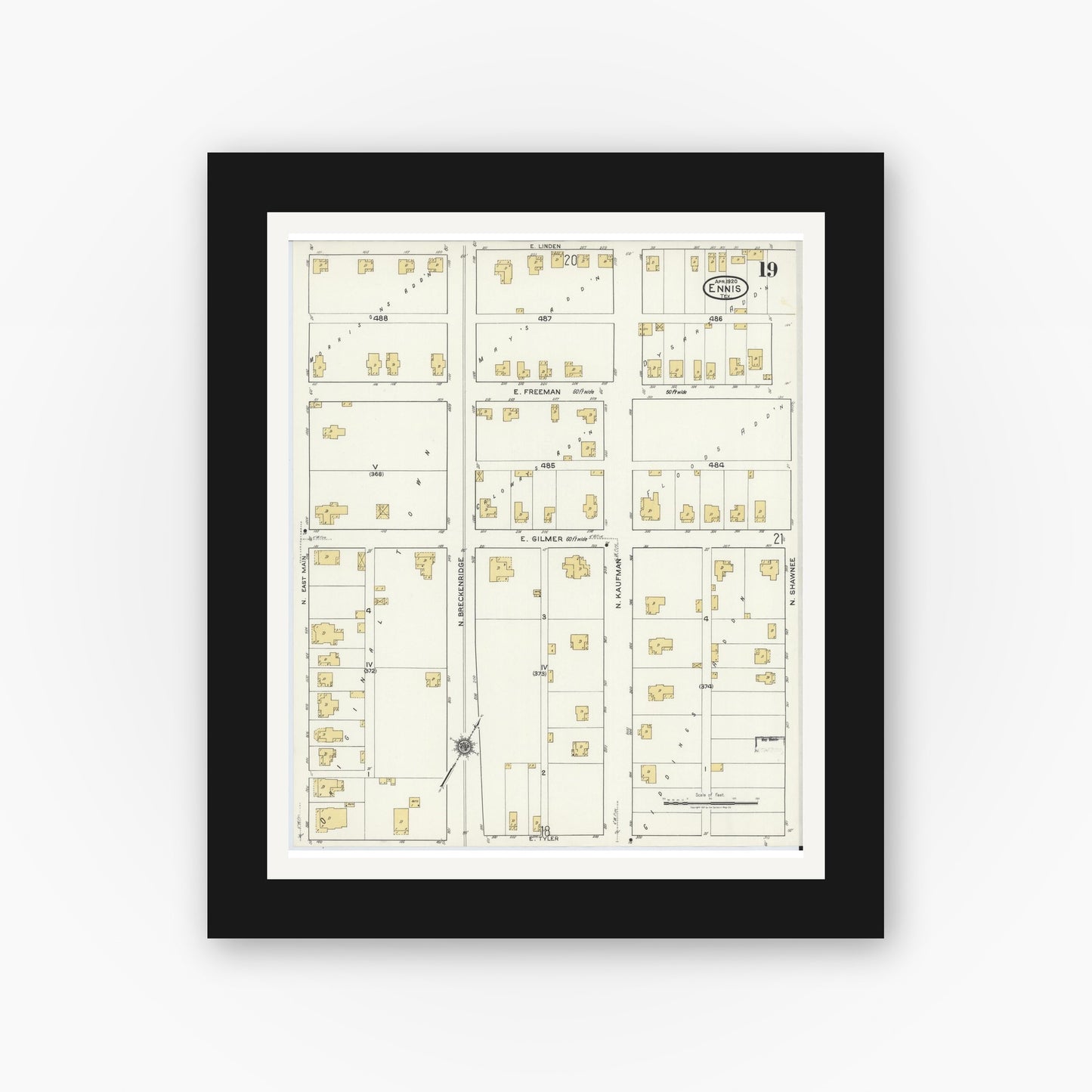 Old map wall art mockup — black gallery frame with white mat — Sanborn Fire Insurance Map from Ennis, Ellis County, Texas (1920), Sheet #0019