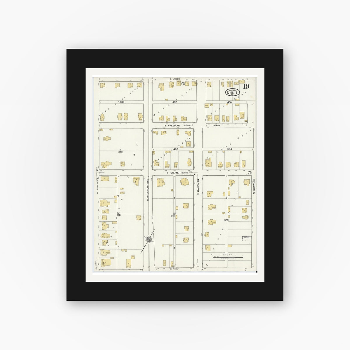 Old map wall art mockup — black gallery frame with white mat — Sanborn Fire Insurance Map from Ennis, Ellis County, Texas (1920), Sheet #0019
