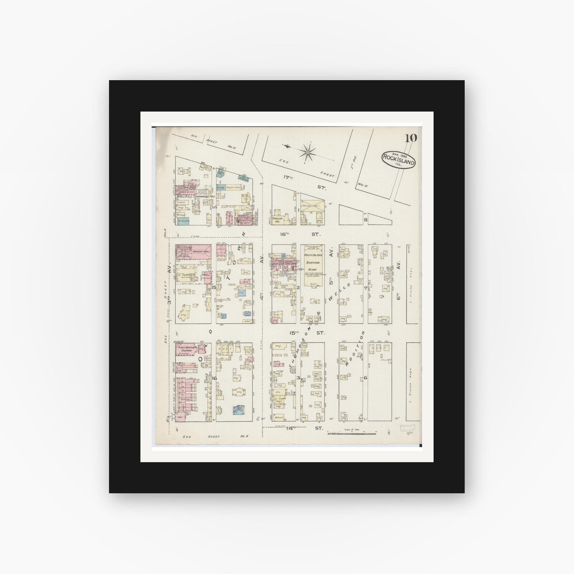 Old map wall art mockup — black gallery frame with white mat — Sanborn Fire Insurance Map from Rock Island, Rock Island County, Illinois (1886), Sheet #0010