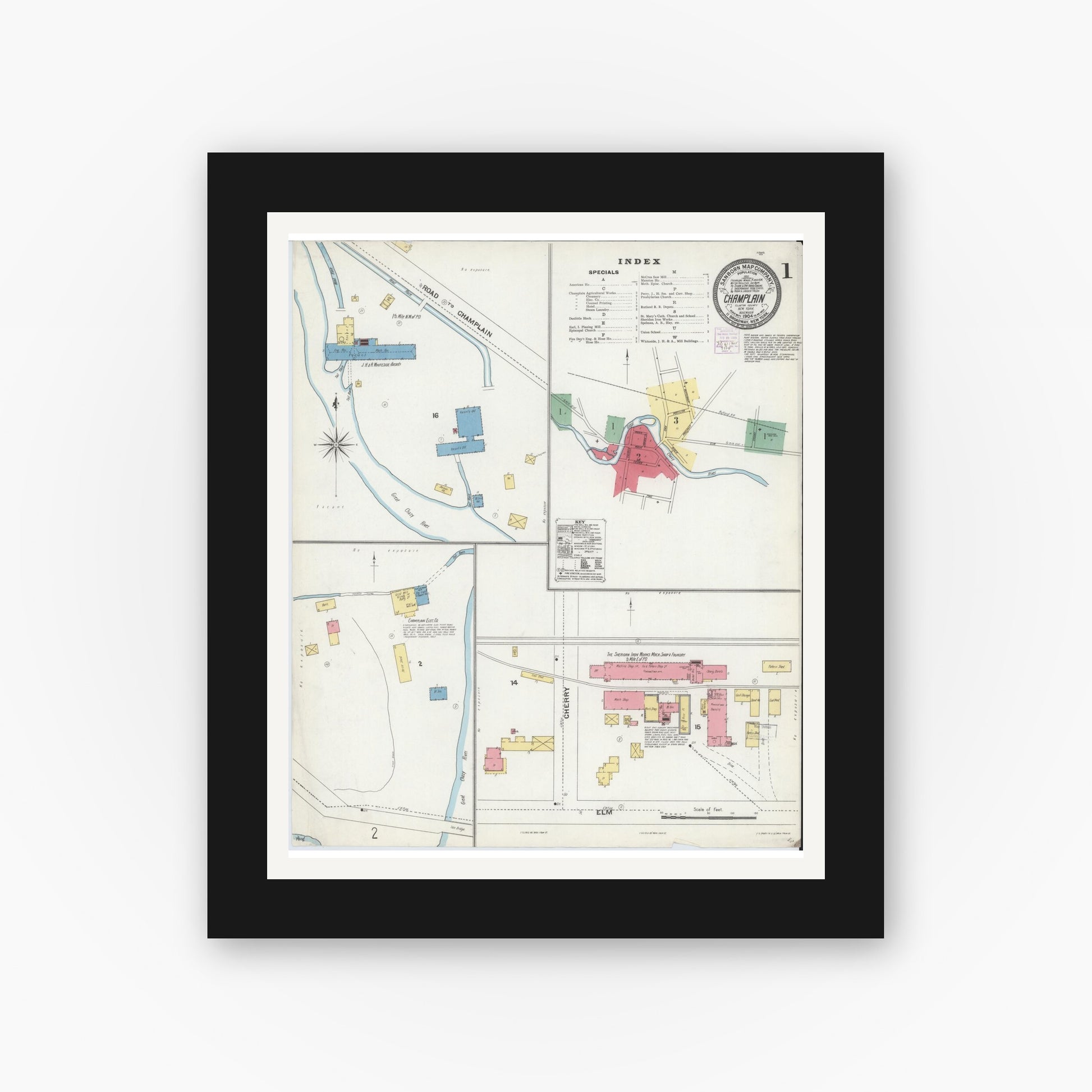 Old map wall art mockup — black gallery frame with white mat — Sanborn Fire Insurance Map from Champlain, Clinton County, New York (1904), Sheet #0001