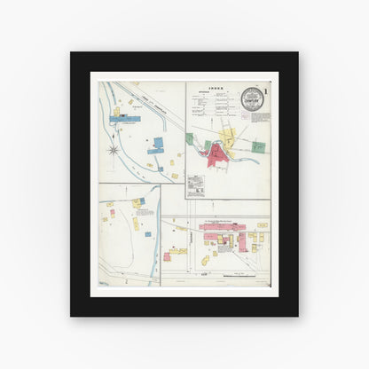 Old map wall art mockup — black gallery frame with white mat — Sanborn Fire Insurance Map from Champlain, Clinton County, New York (1904), Sheet #0001
