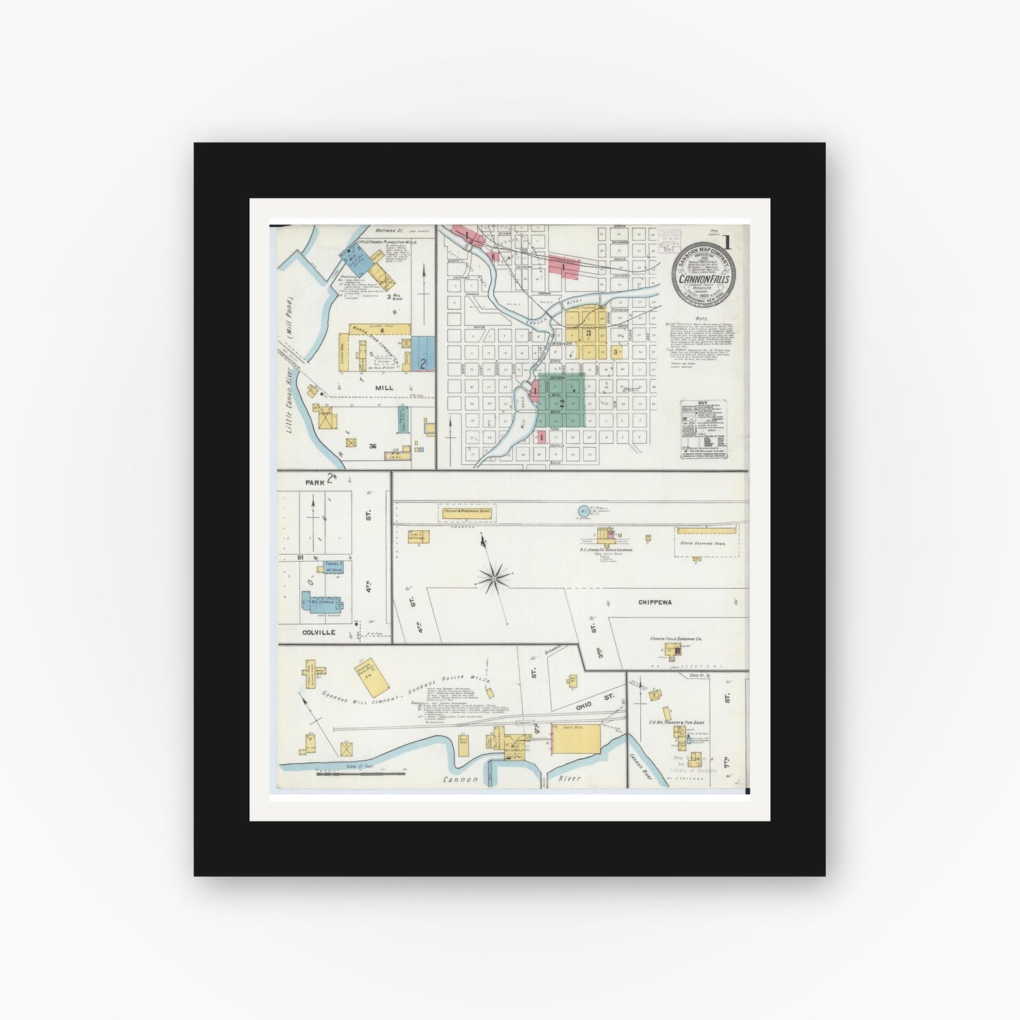 Old map wall art mockup — black gallery frame with white mat — Sanborn Fire Insurance Map from Cannon Falls, Goodhue County, Minnesota (1905), Sheet #0001