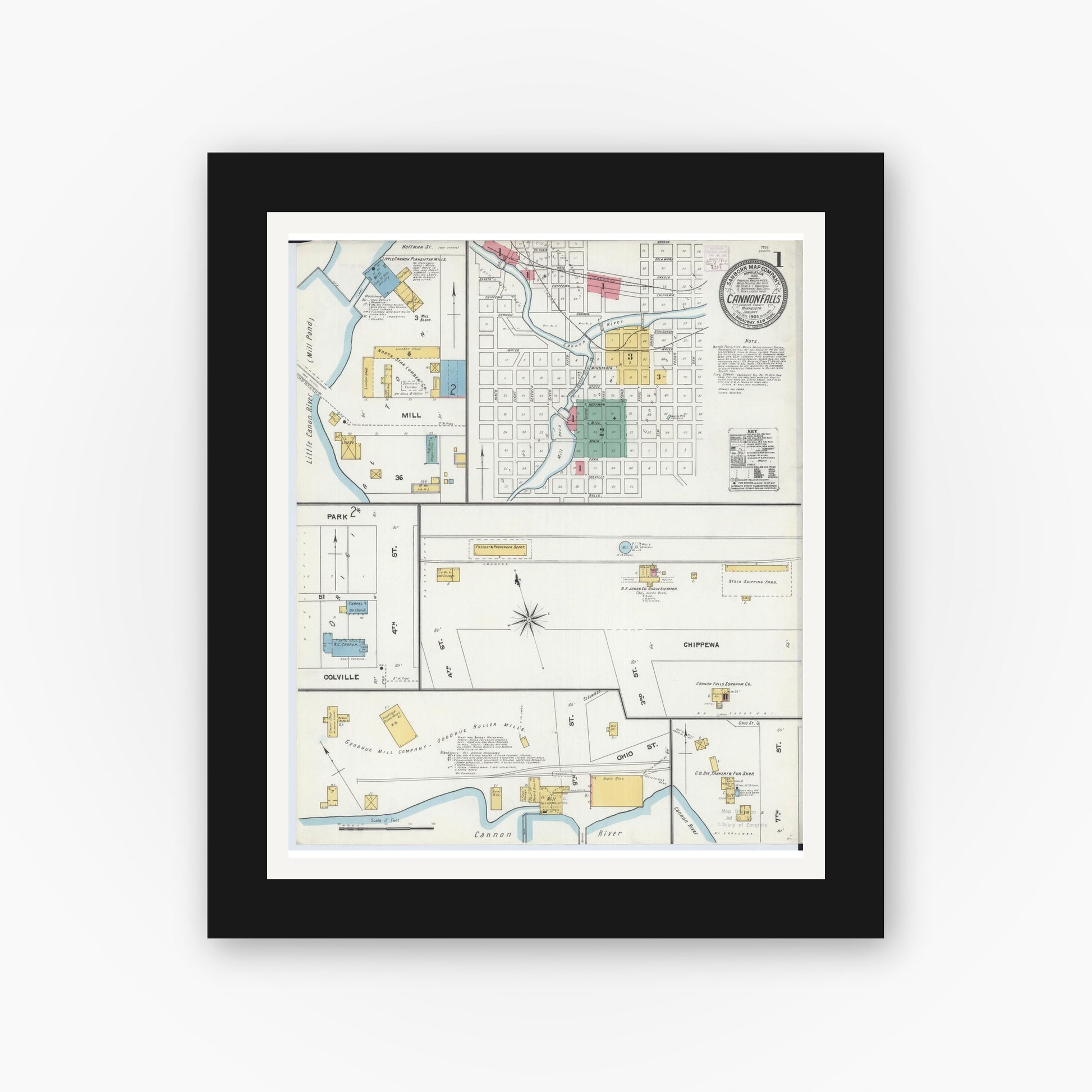 Old map wall art mockup — black gallery frame with white mat — Sanborn Fire Insurance Map from Cannon Falls, Goodhue County, Minnesota (1905), Sheet #0001