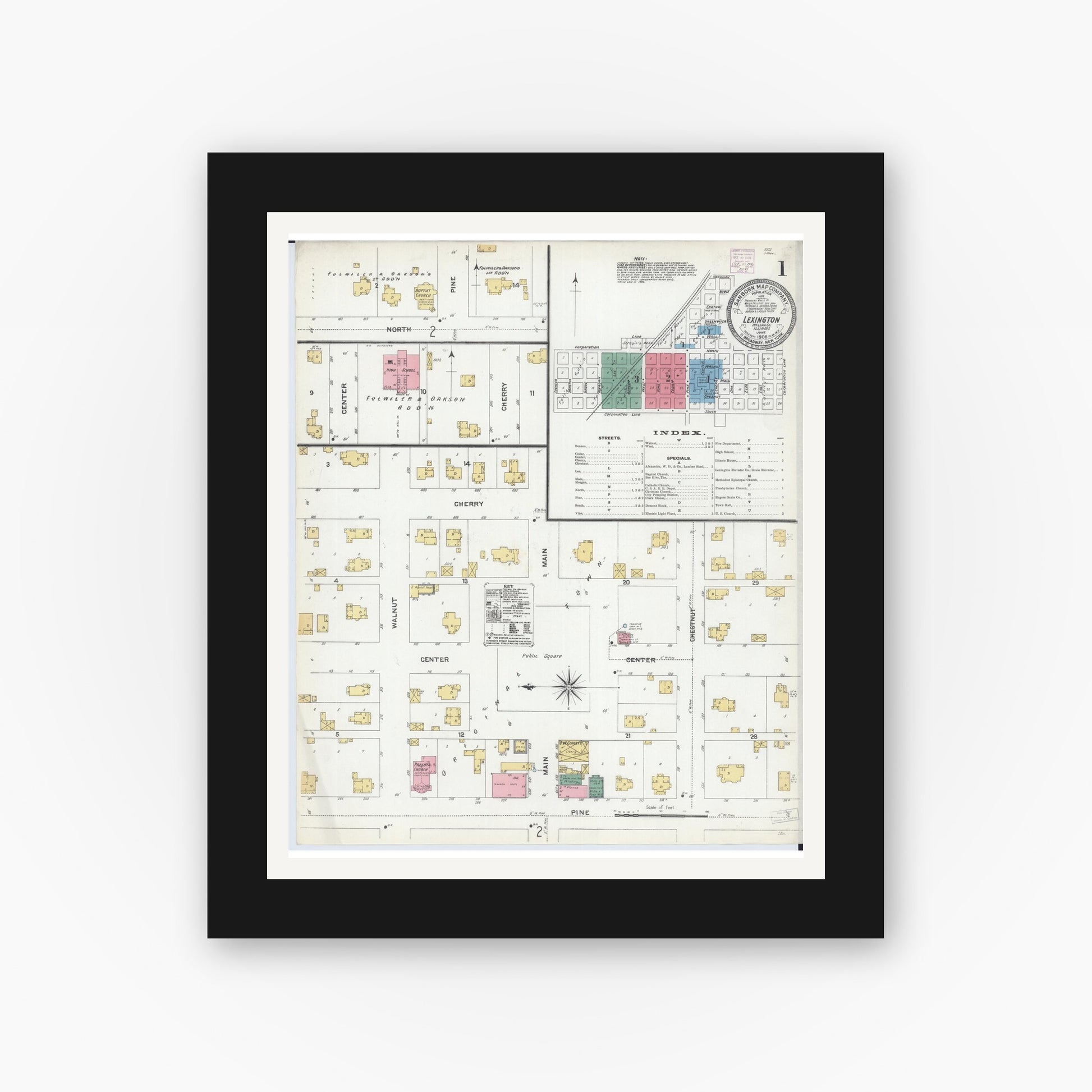 Old map wall art mockup — black gallery frame with white mat — Sanborn Fire Insurance Map from Lexington, McLean County, Illinois (1906), Sheet #0001