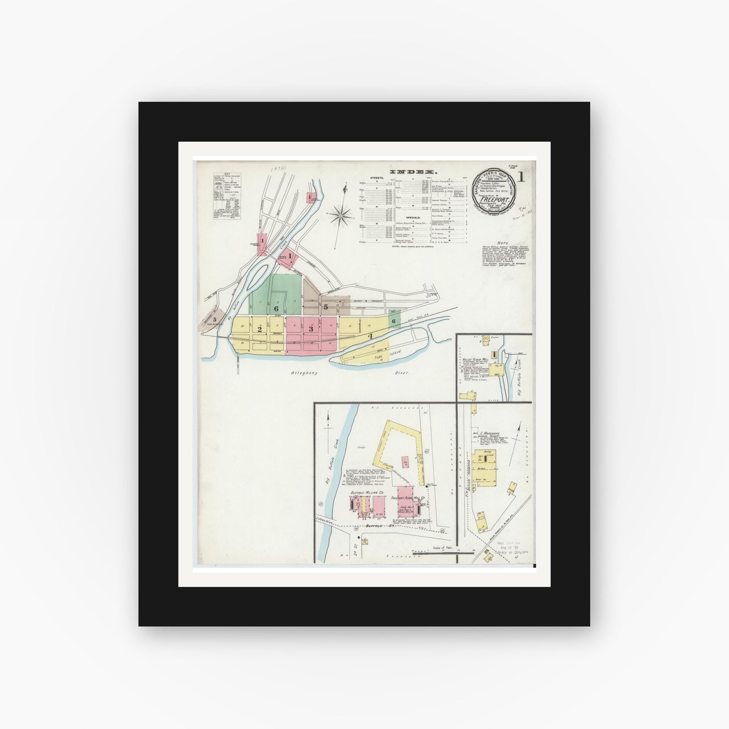 Old map wall art mockup — black gallery frame with white mat — Sanborn Fire Insurance Map from Freeport, Armstrong County, Pennsylvania (1897), Sheet #0001