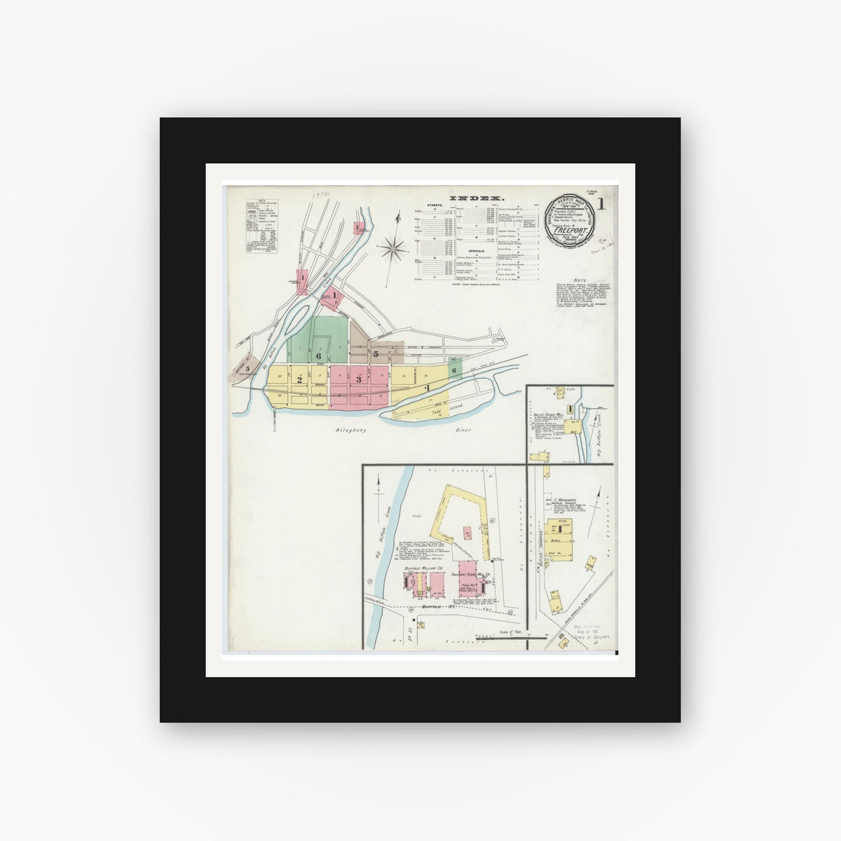 Old map wall art mockup — black gallery frame with white mat — Sanborn Fire Insurance Map from Freeport, Armstrong County, Pennsylvania (1897), Sheet #0001