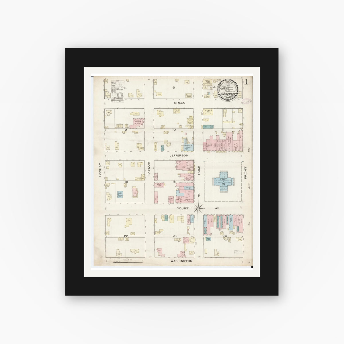 Old map wall art mockup — black gallery frame with white mat — Sanborn Fire Insurance Map from Winterset, Madison County, Iowa (1886) â€” Complete Set