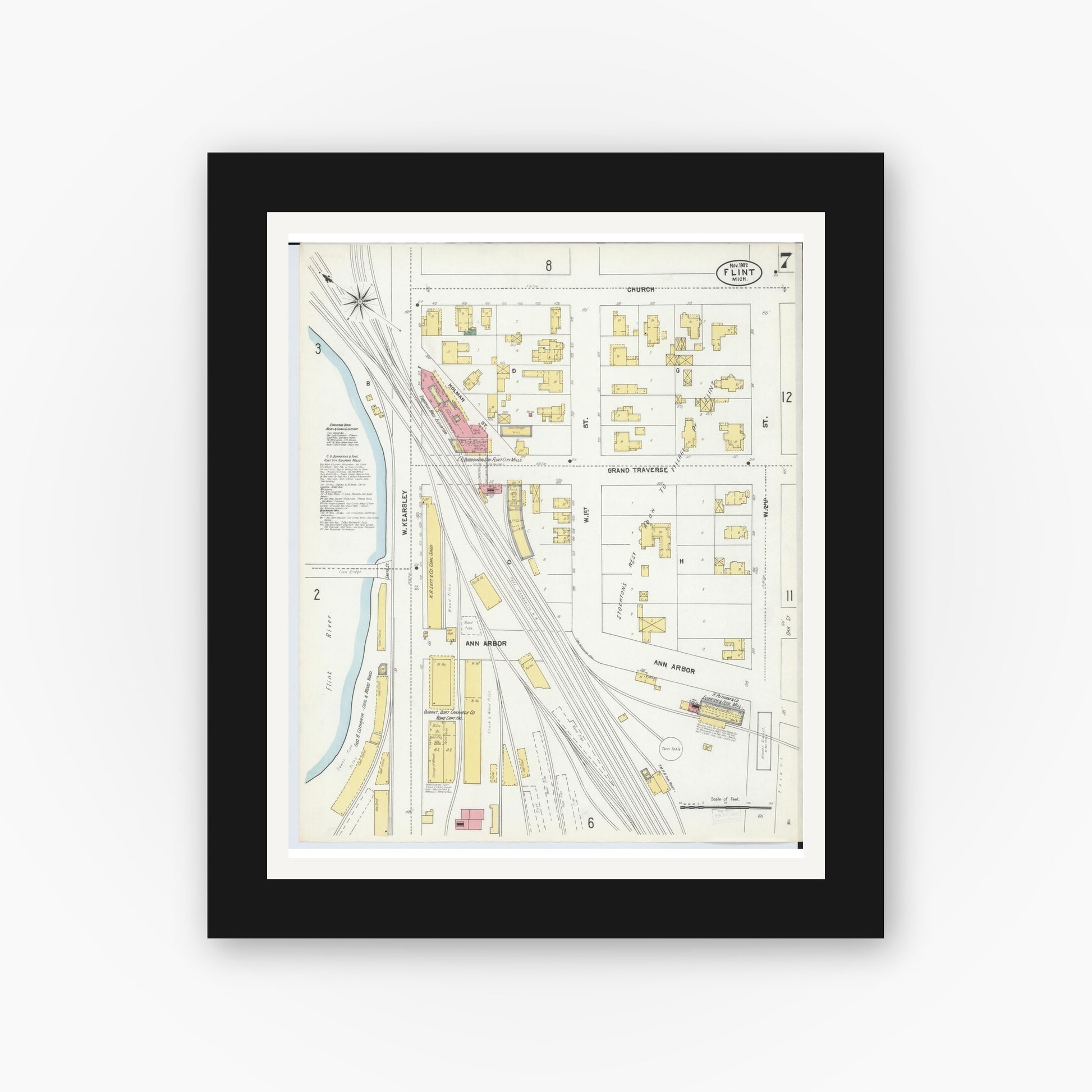 Old map wall art mockup — black gallery frame with white mat — Sanborn Fire Insurance Map from Flint, Genesee County, Michigan (1902), Sheet #0007