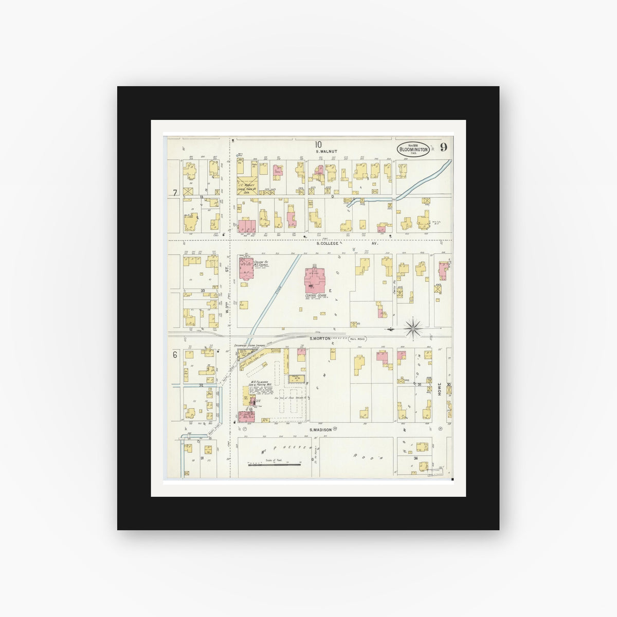 Old map wall art mockup — black gallery frame with white mat — Sanborn Fire Insurance Map from Bloomington, Monroe County, Indiana (1898), Sheet #0009