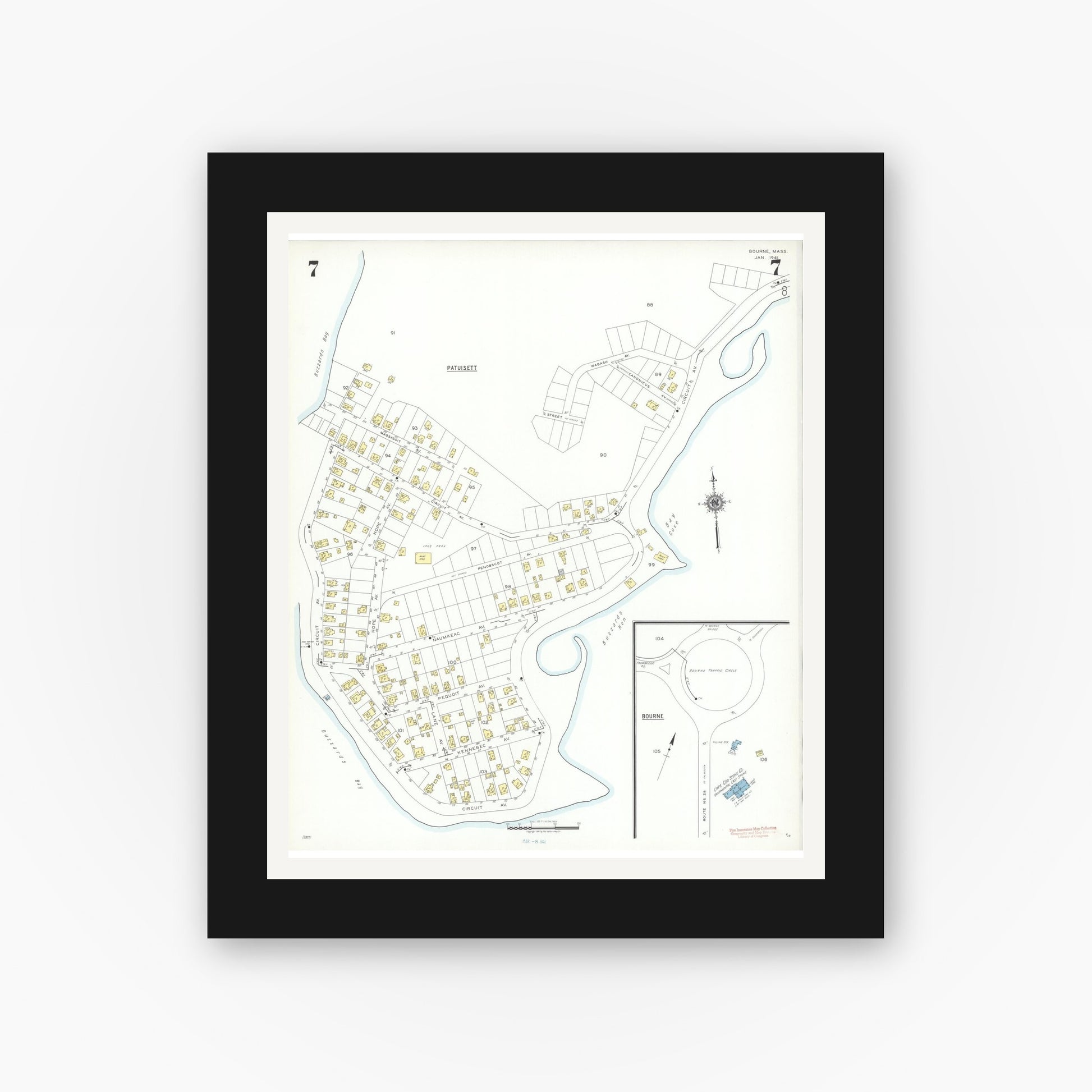 Old map wall art mockup — black gallery frame with white mat — Sanborn Fire Insurance Map from Bourne, Barnstable County, Massachusetts (1941), Sheet #0007