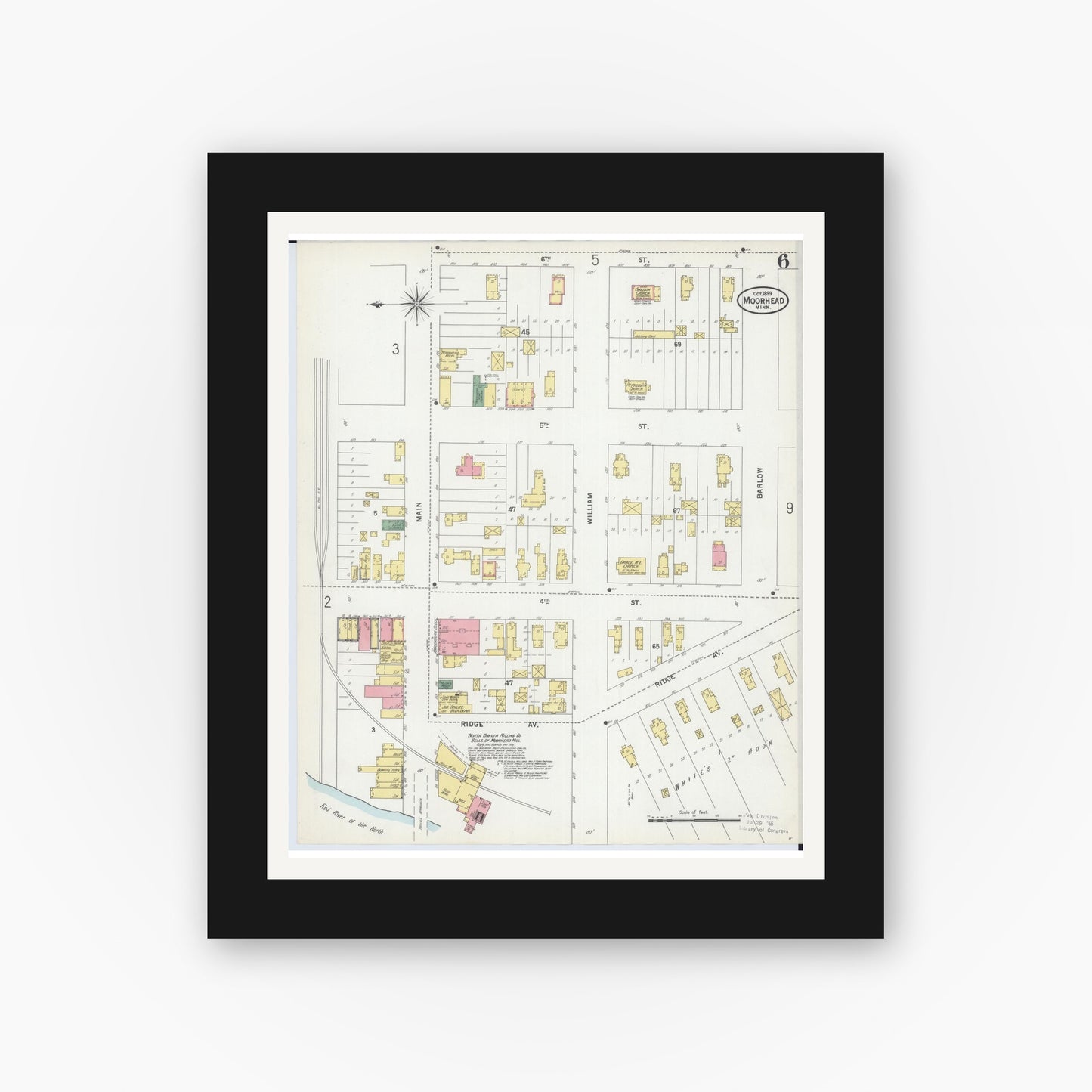 Old map wall art mockup — black gallery frame with white mat — Sanborn Fire Insurance Map from Moorhead, Clay County, Minnesota (1899), Sheet #0006