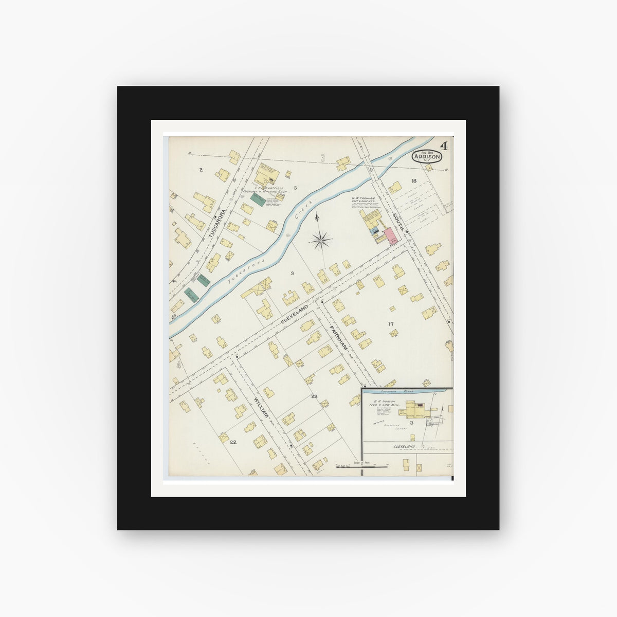 Old map wall art mockup — black gallery frame with white mat — Sanborn Fire Insurance Map from Addison, Steuben County, New York (1893), Sheet #0004