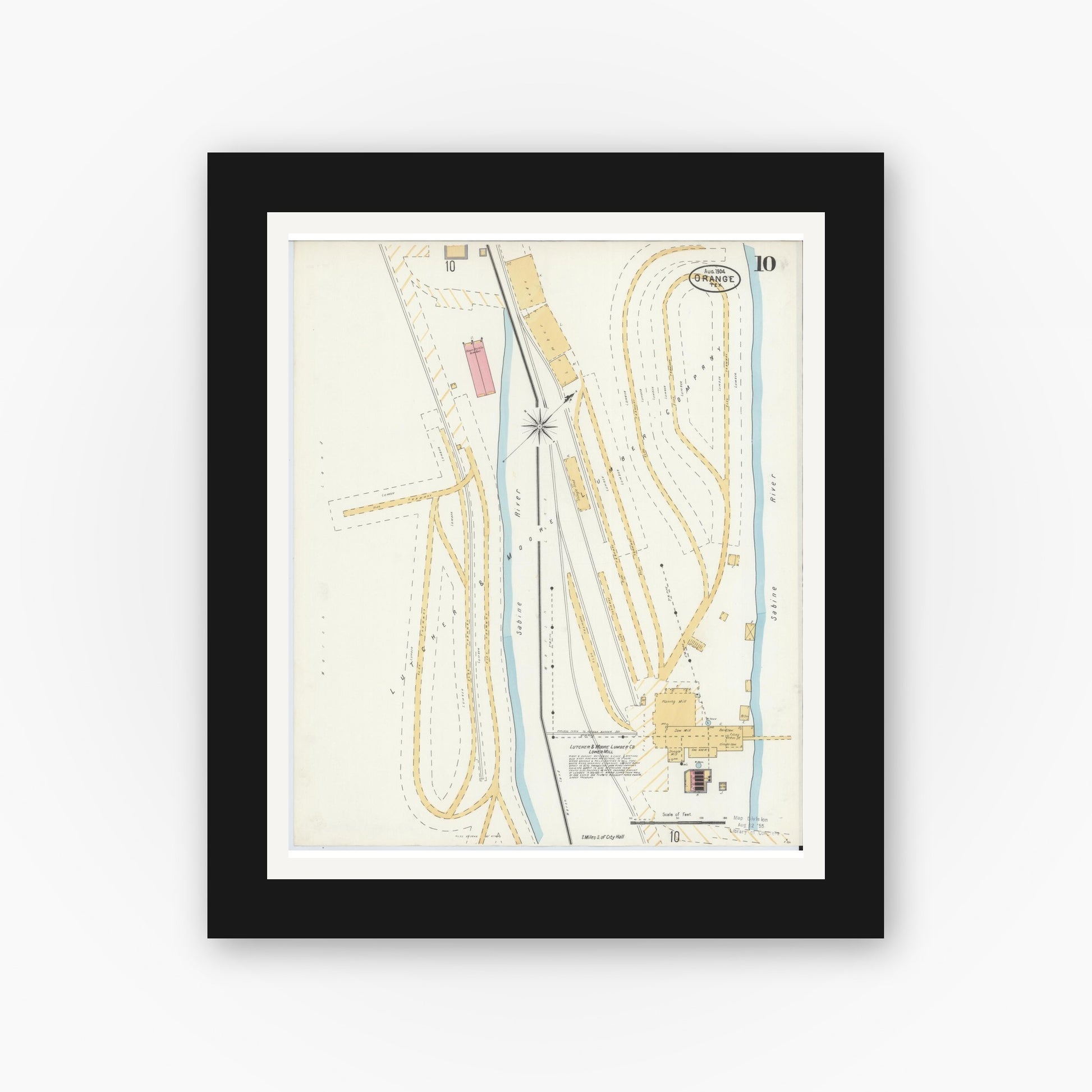 Old map wall art mockup — black gallery frame with white mat — Sanborn Fire Insurance Map from Orange, Orange County, Texas (1904), Sheet #0010