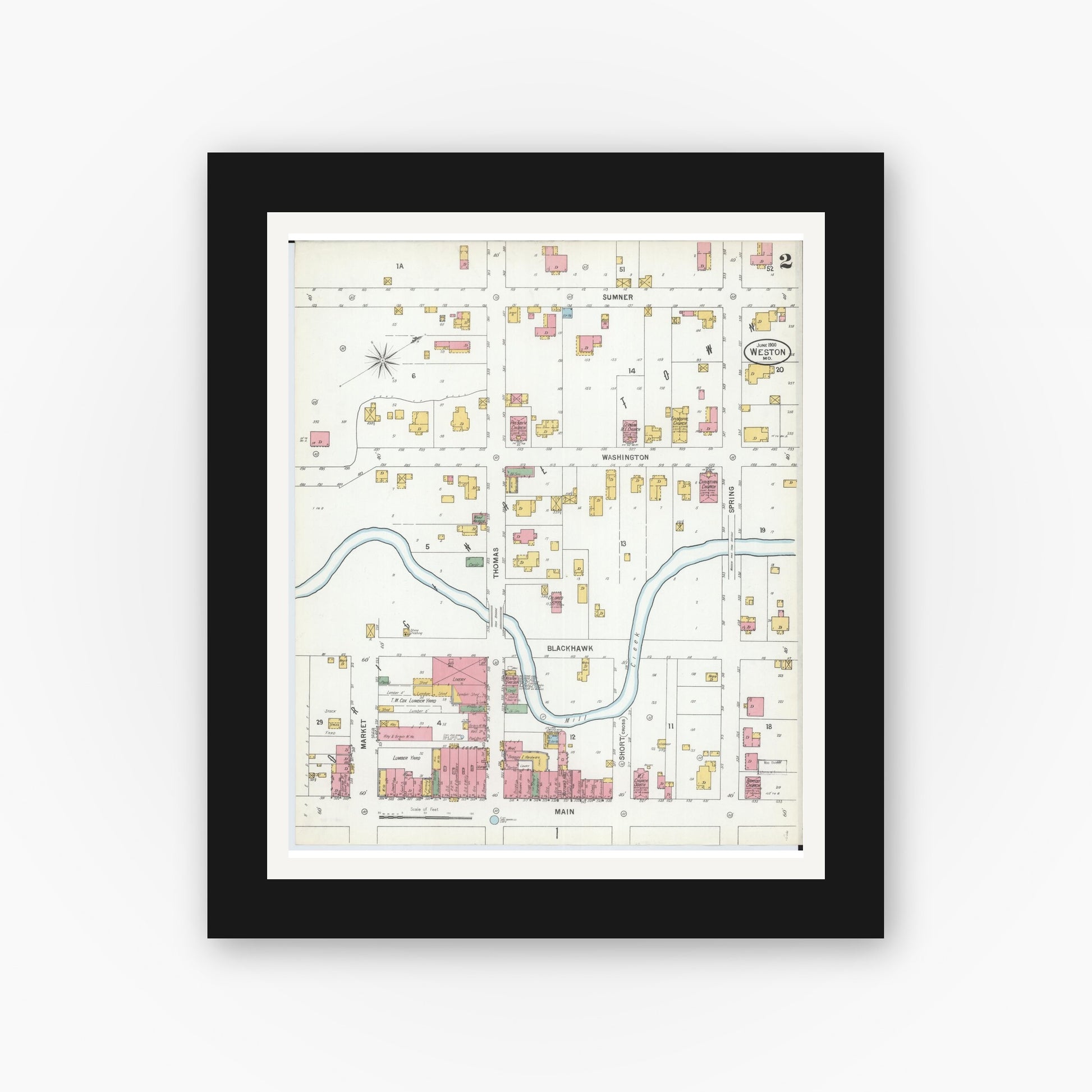 Old map wall art mockup — black gallery frame with white mat — Sanborn Fire Insurance Map from Weston, Platte County, Missouri (1900), Sheet #0002
