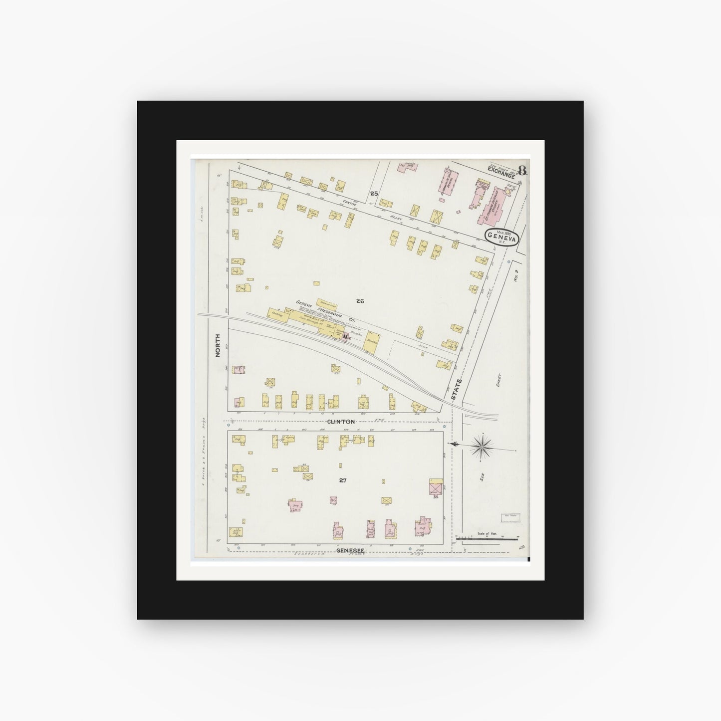 Old map wall art mockup — black gallery frame with white mat — Sanborn Fire Insurance Map from Geneva, Ontario County, New York (1890), Sheet #0008