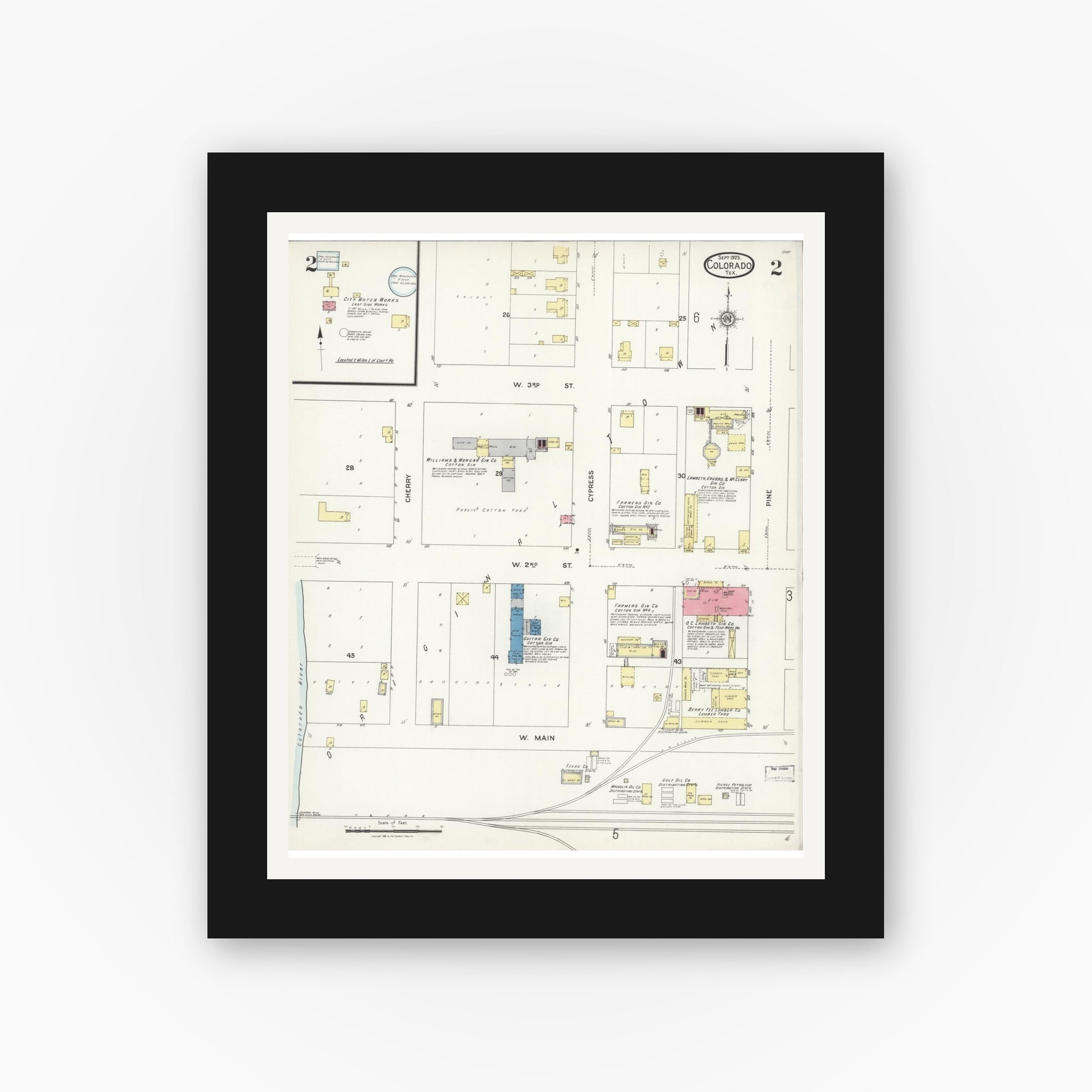 Old map wall art mockup — black gallery frame with white mat — Sanborn Fire Insurance Map from Colorado, Mitchell County, Texas (1925), Sheet #0002