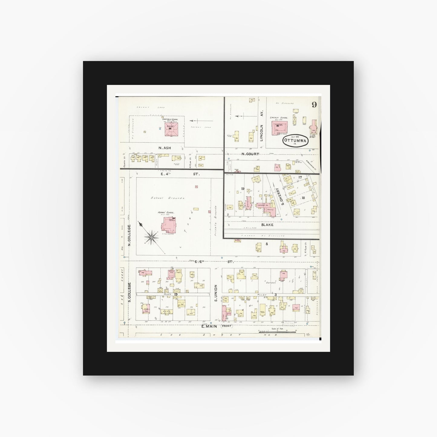 Old map wall art mockup — black gallery frame with white mat — Sanborn Fire Insurance Map from Ottumwa, Wapello County, Iowa (1891), Sheet #0009