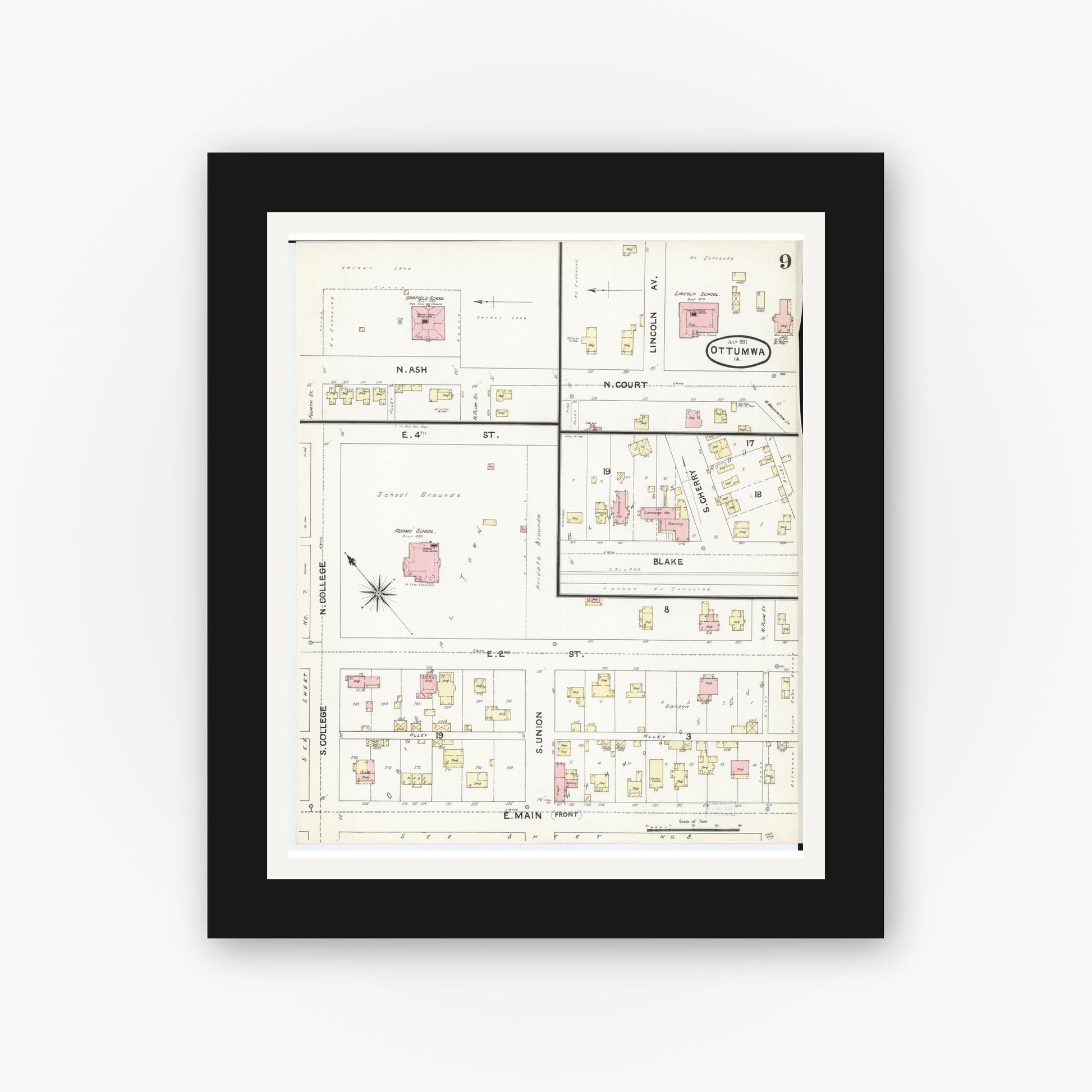 Old map wall art mockup — black gallery frame with white mat — Sanborn Fire Insurance Map from Ottumwa, Wapello County, Iowa (1891), Sheet #0009