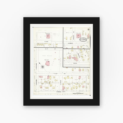 Old map wall art mockup — black gallery frame with white mat — Sanborn Fire Insurance Map from Ottumwa, Wapello County, Iowa (1891), Sheet #0009